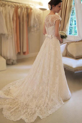 Vestido de novia de encaje corte A, manga corta y escote redondo WD043