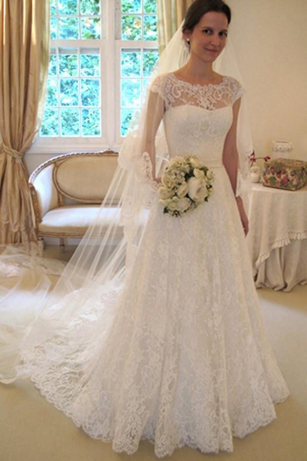Vestido de novia de encaje corte A, manga corta y escote redondo WD043