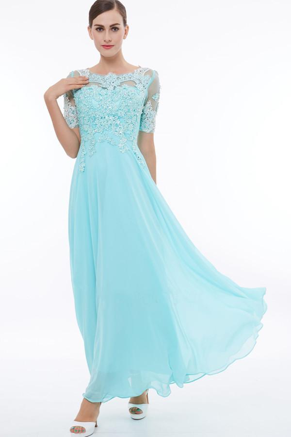 Vestido de fiesta con escote redondo, mangas cortas y apliques de cuentas, estilo vestido de noche PG324
