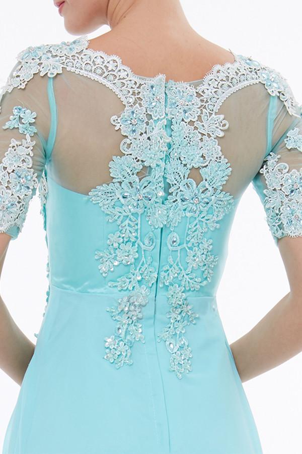 Vestido de fiesta con escote redondo, mangas cortas y apliques de cuentas, estilo vestido de noche PG324