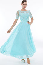 Vestido de fiesta con escote redondo, mangas cortas y apliques de cuentas, estilo vestido de noche PG324