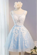 Robe de soirée courte en tulle à col rond avec applications de dentelle PG137