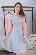 Vestido corto de fiesta con apliques y fajas, estilo mini, PG119