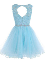 Robe de bal courte bleue à col rond et fermeture éclair en tulle PG013