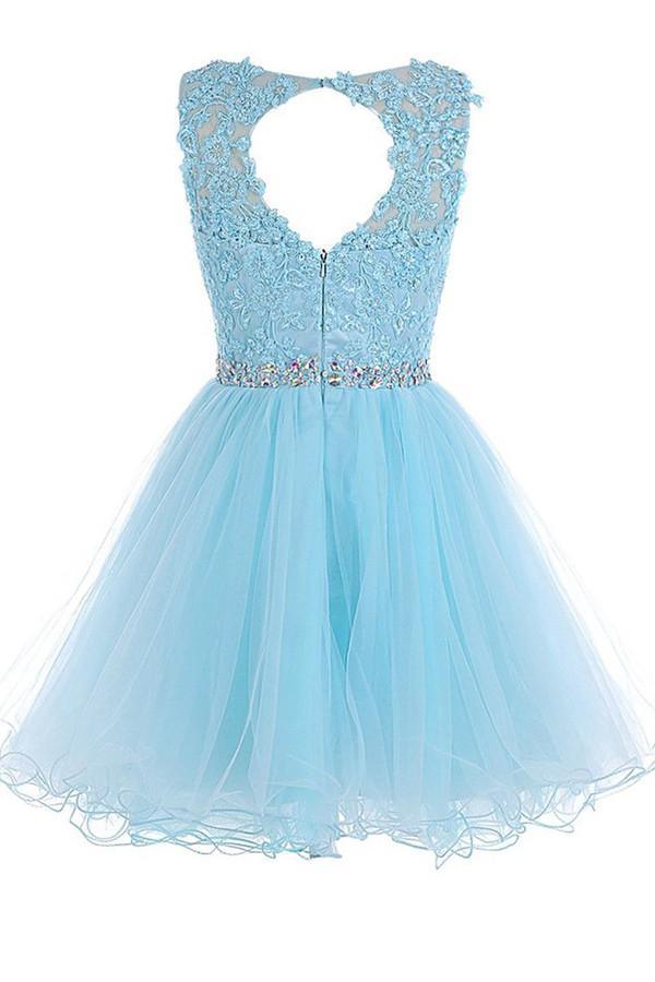 Robe de bal courte bleue à col rond et fermeture éclair en tulle PG013