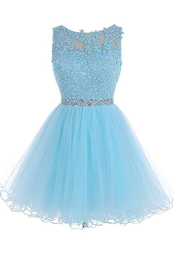 Robe de bal courte bleue à col rond et fermeture éclair en tulle PG013