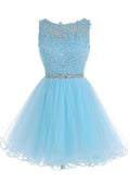 Robe de bal courte bleue à col rond et fermeture éclair en tulle PG013