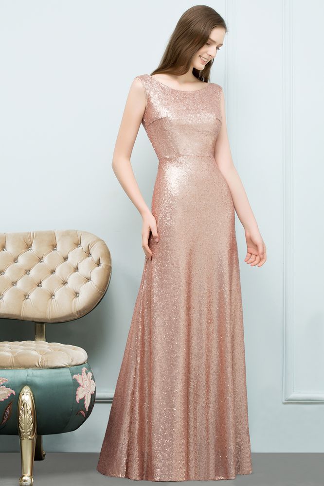 Vestidos de fiesta largos hasta el suelo con lentejuelas, sin mangas y corte en A con escote redondo
