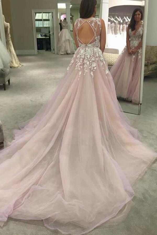 Robe de mariée/robe de bal longue à col rond en V avec appliques PG359
