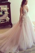 Robe de mariée/robe de bal longue à col rond en V avec appliques PG359