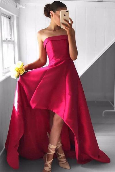 Nouvelle arrivée : robe de bal rouge asymétrique à épaules dénudées et plissée fuchsia sans bretelles. 