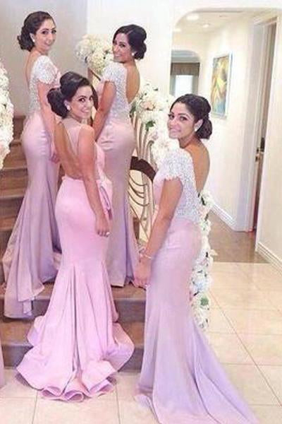 Vestidos de dama de honor largos de sirena, económicos, con mangas cortas, espalda descubierta y pedrería. 