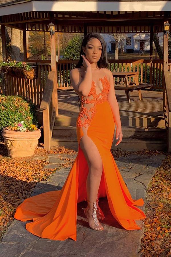 See Through Sleeveless Front Slit Brush Train Appliques Mermaid Prom Gowns