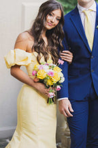 Seoni | Vestido largo de fiesta formal de sirena, plisado, sin tirantes, de satén amarillo con mangas