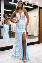 Hot Pink Sparkly Prom Dress With Slit Sequin Lace Dress