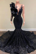 Sequined Black Scoop Neck Long Sleeve Mermaid Prom Dresses