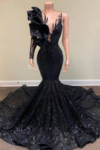 Sequined Black Scoop Neck Long Sleeve Mermaid Prom Dresses