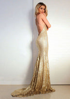 Sequined Prom Dress Mermaid V-Neck Court Train With Pleated