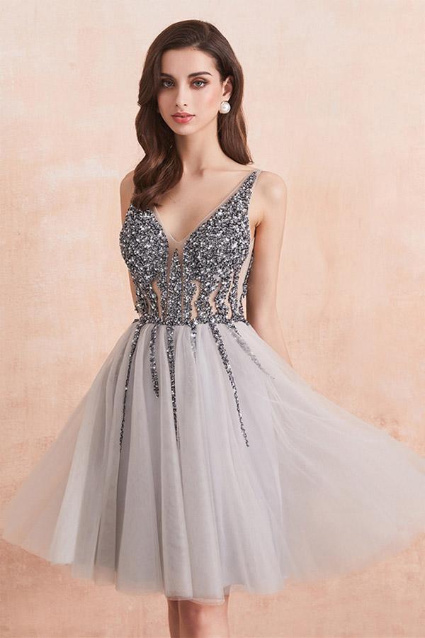 Robe de bal courte en tulle gris à sequins et perles, col en V, référence PD336 