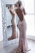 Sequins Sparkling Sheath Formal Dress Chic Backless Sleeveless High-Neck Formal Dresses
