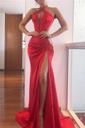 Sequins Split Front Mermaid Evening Gowns Halter Chic Prom dresses