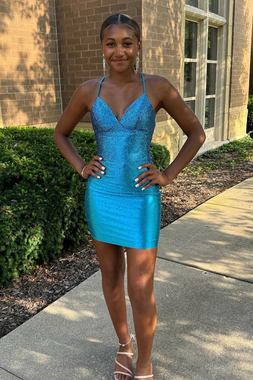 Spaghetti Straps Beaded Lace Up Homecoming Dress