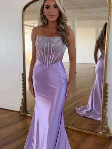Serin | Robe de bal longue sirène violette sans bretelles en satin ornée de perles
