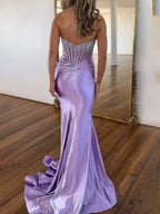 Serin | Purple Strapless Mermaid Satin Long Prom Dress With Beading