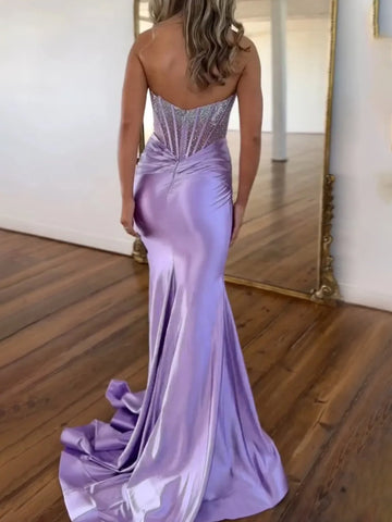Serin | Robe de bal longue sirène violette sans bretelles en satin ornée de perles