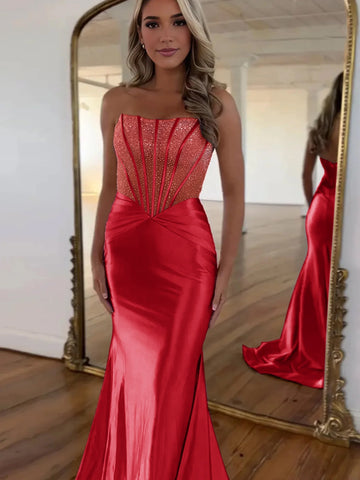 Serin | Robe de bal longue sirène violette sans bretelles en satin ornée de perles