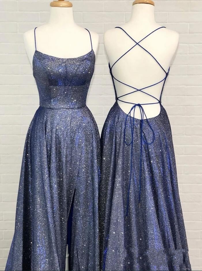 Vestido largo de fiesta sexy de seda brillante con espalda descubierta y abertura, corte en A