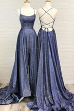 Vestido largo de fiesta sexy de seda brillante con espalda descubierta y abertura, corte en A