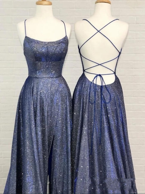 Vestido de fiesta sexy de corte A con tirantes finos, volantes y abertura. 