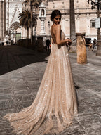 Sexy A Line V Neck Backless Long Sparkling Formal Prom Dresses