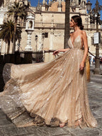 Sexy A Line V Neck Backless Long Sparkling Formal Prom Dresses
