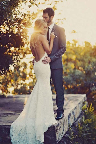 Vestidos de novia de playa de encaje de sirena sin espalda sexy WD211