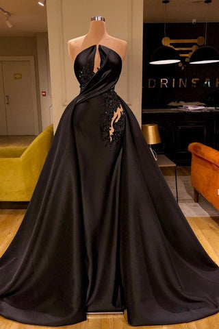 Vestido de gala sexy, negro, sin tirantes, con largos abalorios