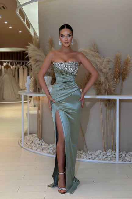 Vestidos de noche de satén sin mangas, sexis y hermosos, con cuentas y corte columna.