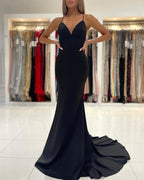 Robe de bal longue noire sirène sexy à col en V et dos nu