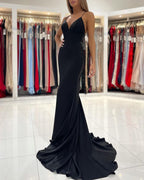 Robe de bal longue noire sirène sexy à col en V et dos nu