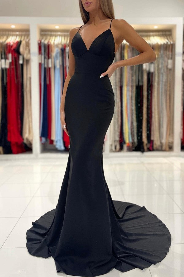 Robe de bal longue noire sirène sexy à col en V et dos nu