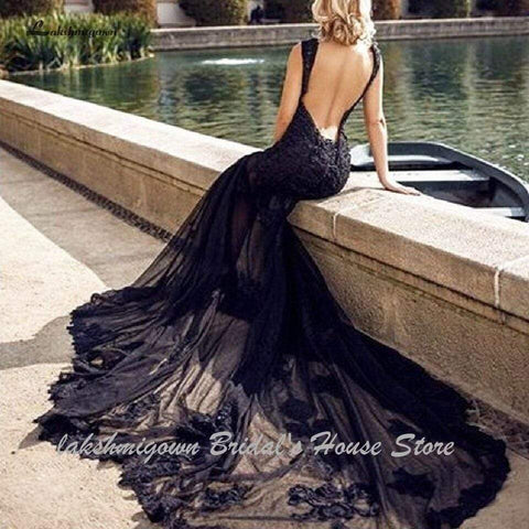 Baoleely Sexy Black Wedding Dress Lace Mermaid Backless
