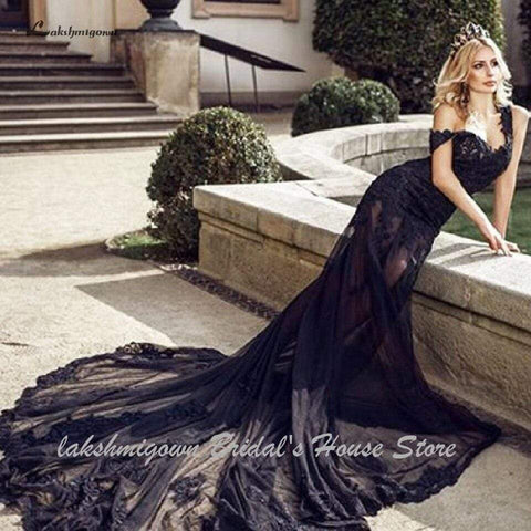 Baoleely Sexy Black Wedding Dress Lace Mermaid Backless