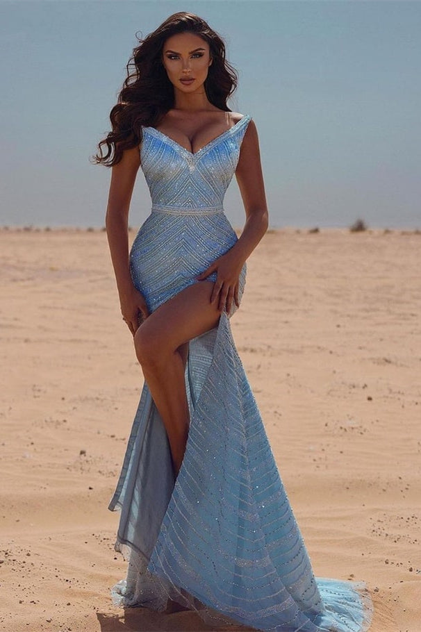 Robe de bal sirène bleue sexy à sequins, décolleté en V et fente