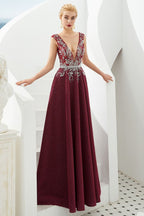 Sexy Deep V-Neck aline Evening Dress Sleeveless Crystals Floor Length Prom Dress quincenera Dress