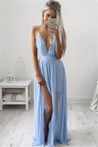 Sexy Deep V-Neck Chic Evening Party Gowns Spaghetti-Strapss baby Blue Prom Dresses