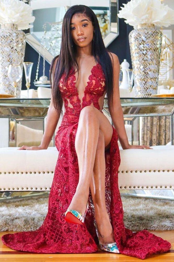 Sexy Deep V-Neck Red Formal DressesFloral Lace Appliques Split Front Party Dress