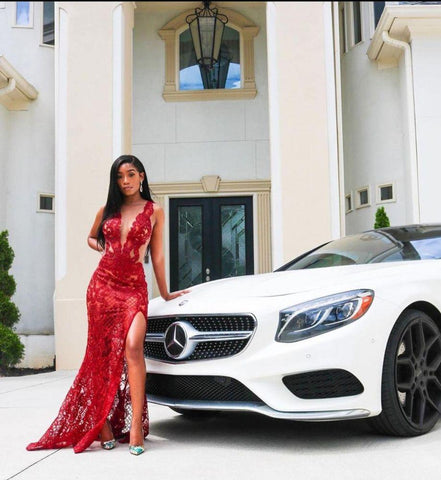 Sexy Deep V-Neck Red Formal DressesFloral Lace Appliques Split Front Party Dress