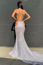 Sexy Deep V-Neck Sparkling Sequins Beading Chic Evening Gowns Backless Mermaid Sleeveless Prom Dresses With Court Train
