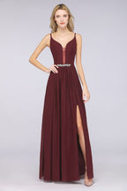 Robe de demoiselle d'honneur sexy à double décolleté en V profond, sans manches, à volants et fente latérale en mousseline. Robe de soirée